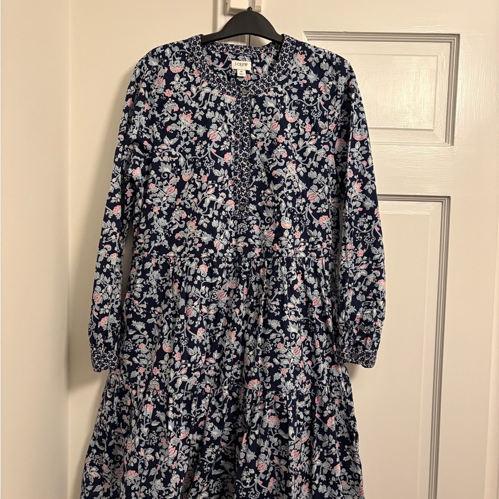J. Crew Navy Floral Tiered Long-Sleeve Women's Dress
